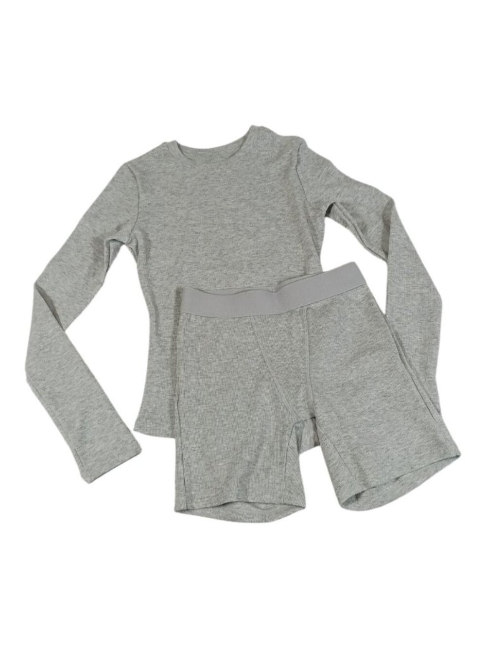Women's Size XS Gray Ribbed Knit Pajama Set Long Sleeve Top And Shorts Lounge PJ